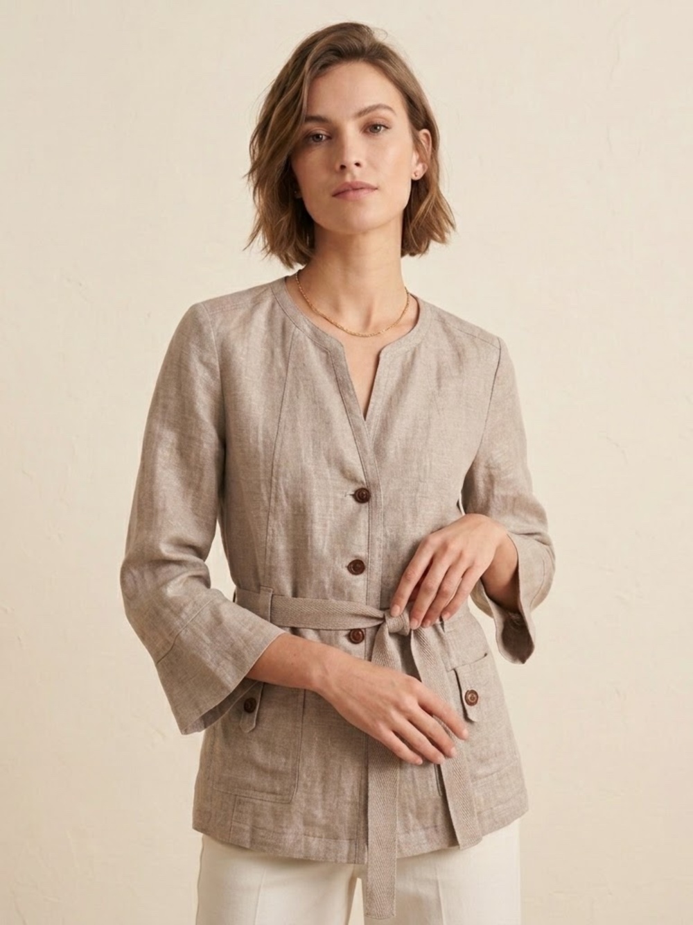 Gerard Darel Taupe Linen Belted Jacket Neutral Quiet Luxury French Size 38, US 4